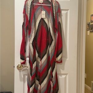 Crochet Open-Front Long Cardigan Sweater - Red Multi